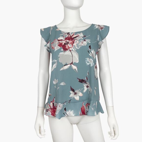 NWT LOFT Floral Short Ruffle Sleeve Blouse Top (Grayish-Blue | Size S) - Picture 1 of 8
